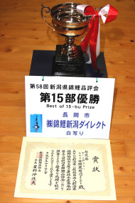新潟県錦鯉品評会　第15部　部優勝　賞状　トロフィー